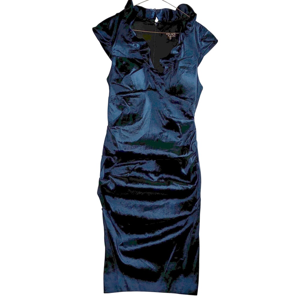 Xscape Joanna Chen Navy Cocktail cap sleeve Dress Womens 12 Ruched Ruffle